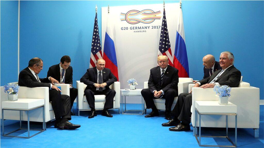 U.S. President Donald Trump, Russian President Vladimir Putin, Rex Tillerson, and Sergey Lavrov at the G20 Hamburg summit, 7 July 2017,