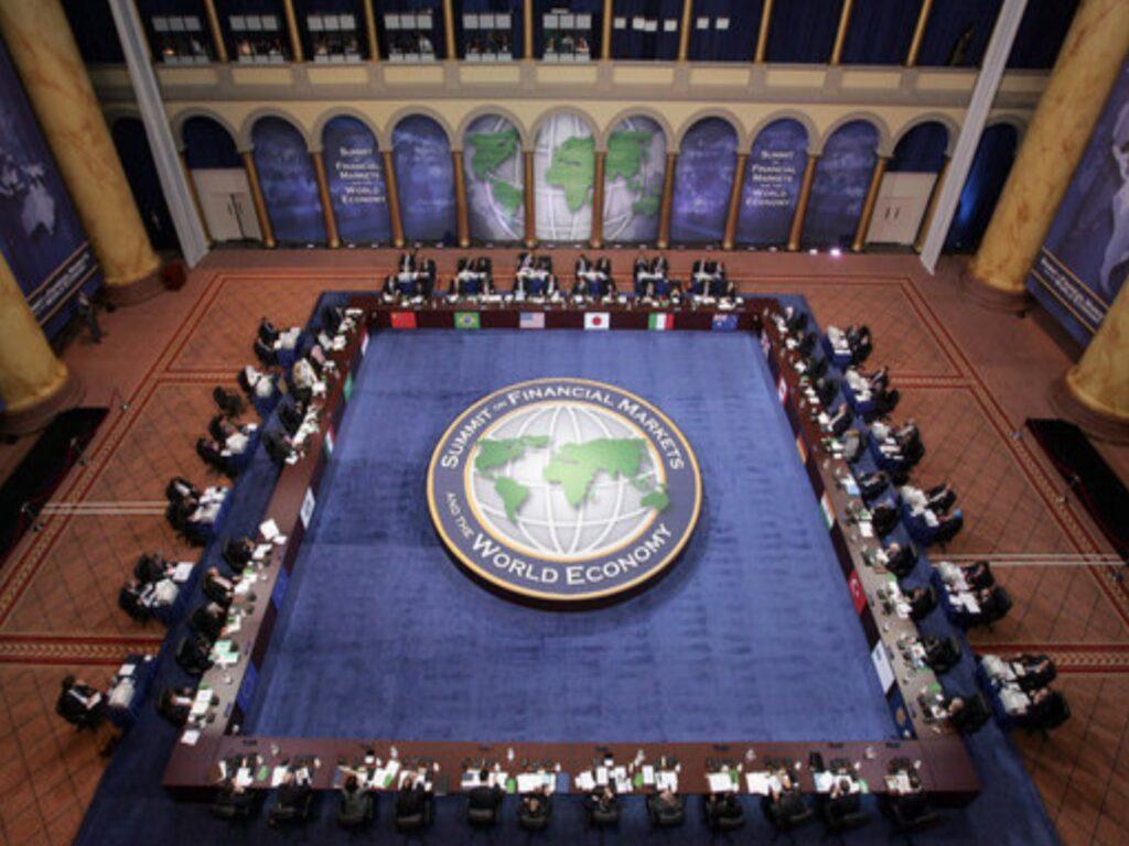 G20 leaders and delegates attend the Summit on Financial Markets and the World Economy Saturday at the National Building Museum in Washington, D.C. on November 15, 2008.