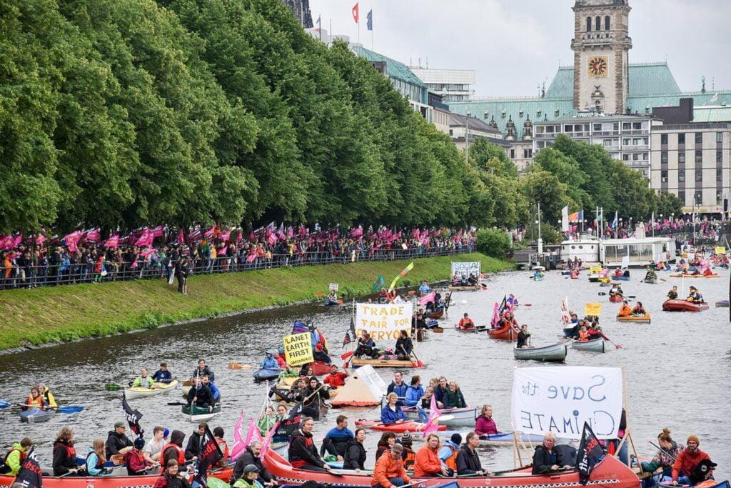 Peaceful demonstration in boats, Binnenalster in Hamburg near town hall (2 July), 